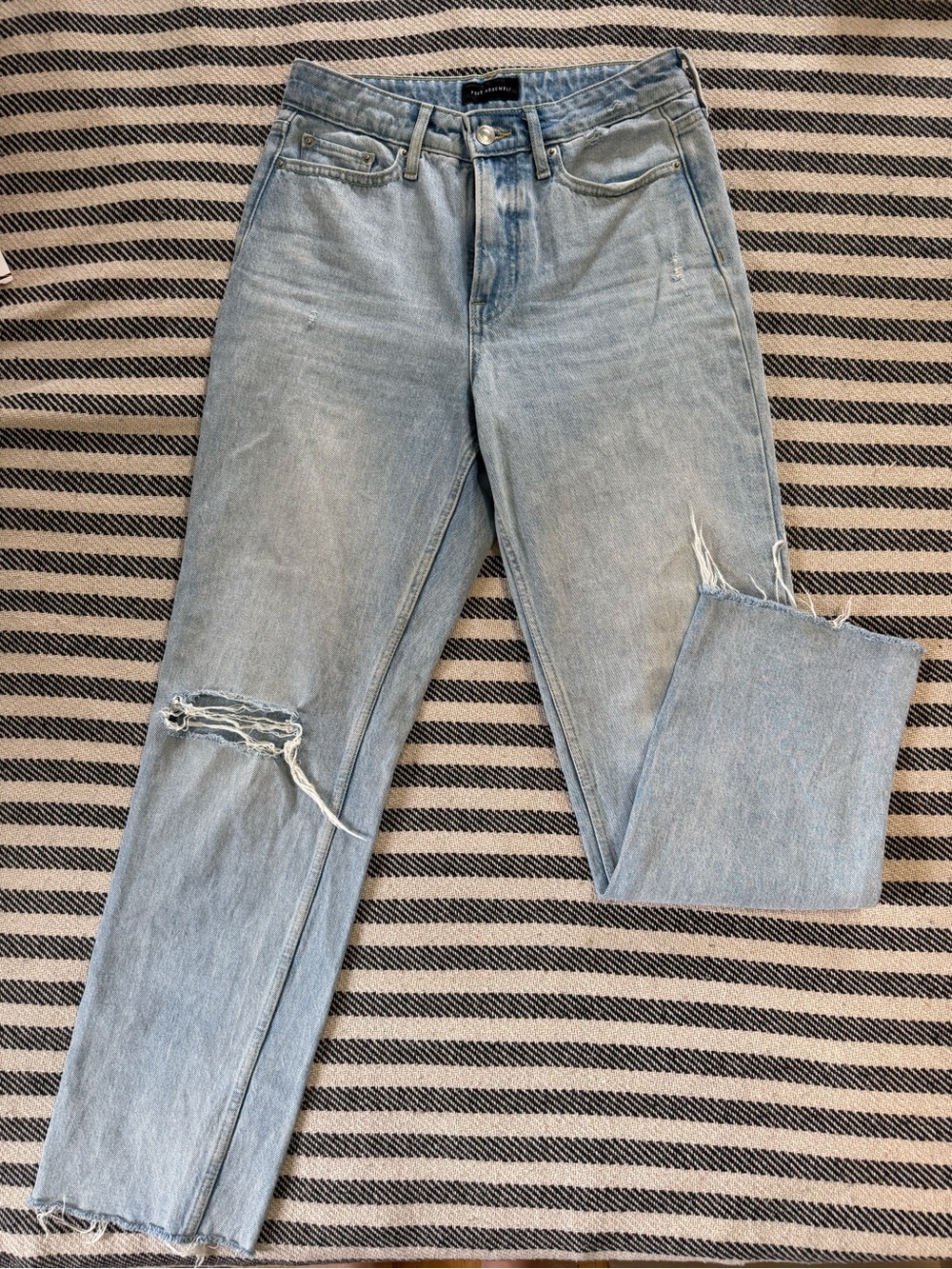 Light Blue Straight Leg Women's Jeans with Distressed Knees